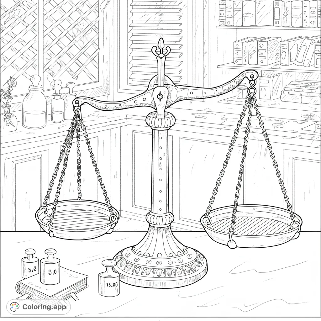 Detailed vintage balance scale with weights, books, and bottles in a classic study setting. A free printable coloring page for intricate coloring.