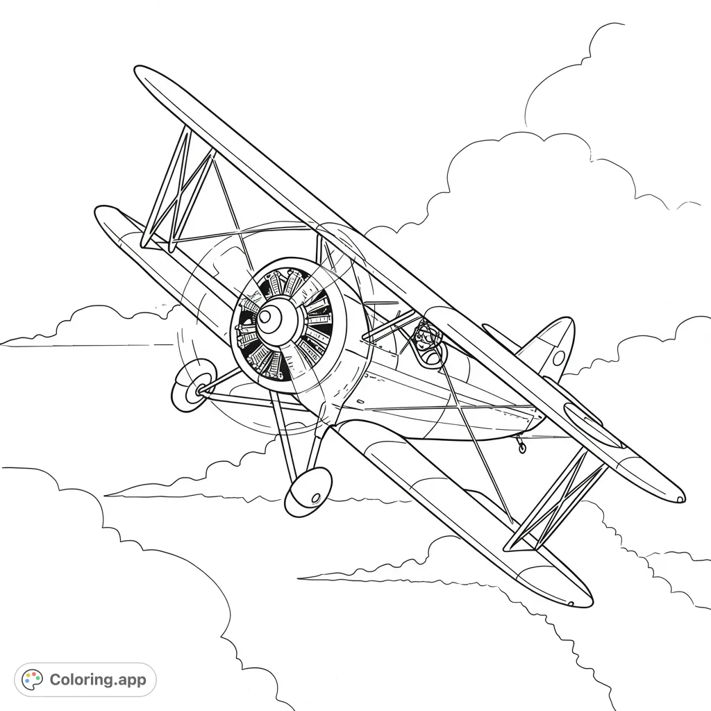 Soar through the skies with this vintage biplane coloring page! Features a detailed aircraft amidst fluffy clouds, perfect for aviation enthusiasts.