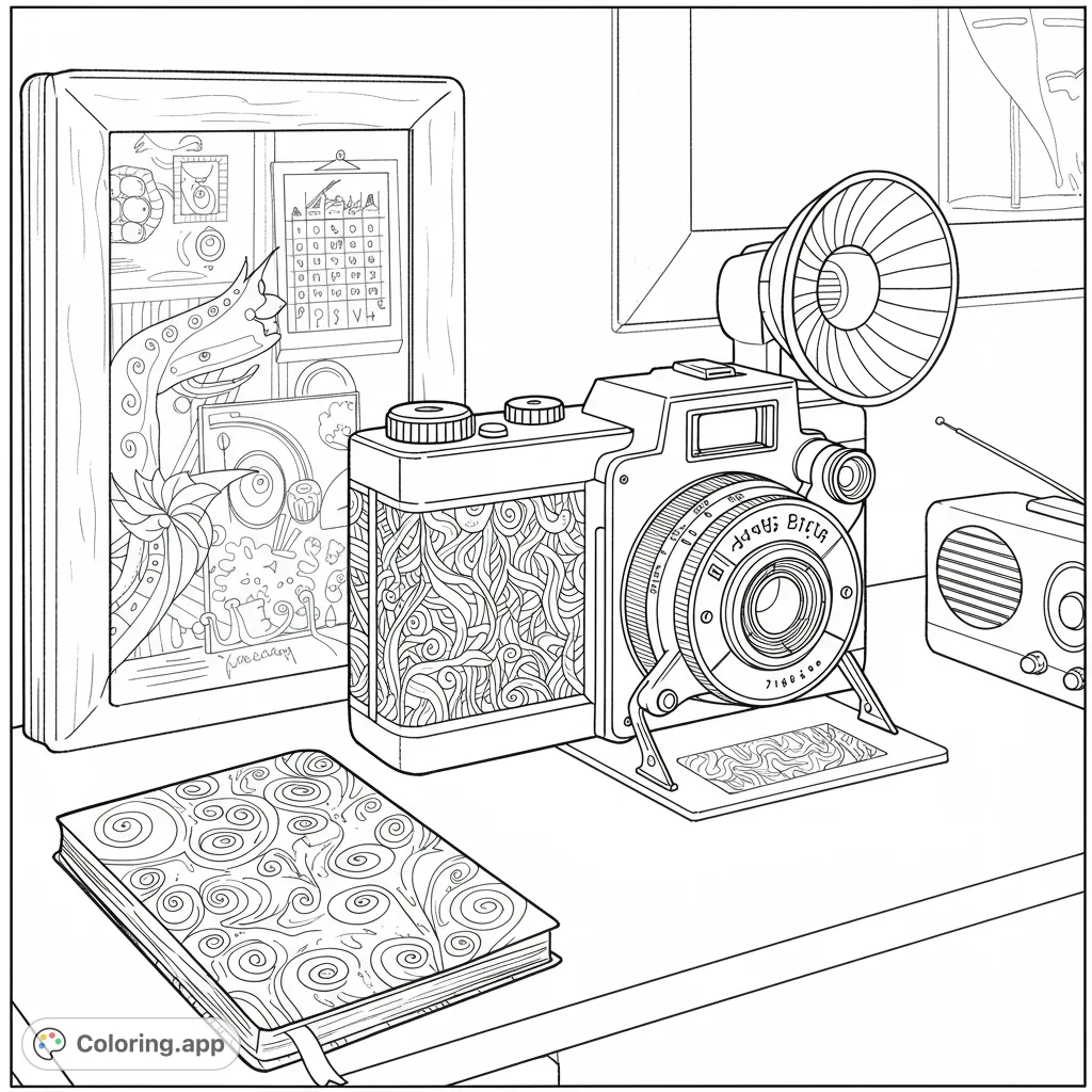 A detailed vintage camera, patterned journal, and framed art create a nostalgic still life. Perfect for a free printable coloring page.