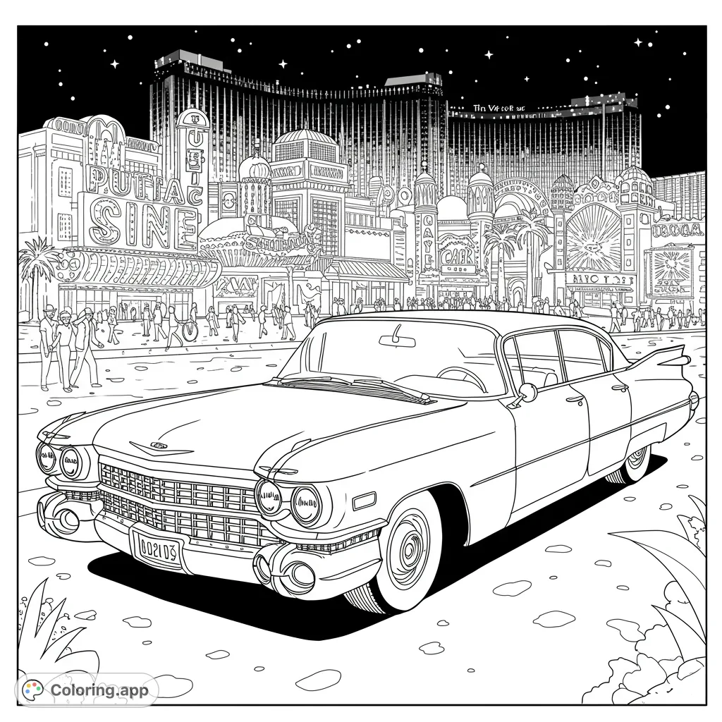 A classic 1950s car parked on a bustling city street at night, surrounded by ornate buildings and twinkling stars. A detailed vintage city scene.