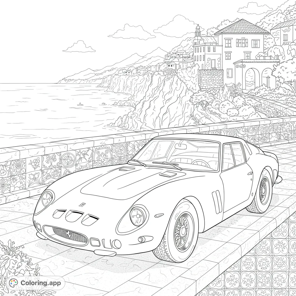 A sleek classic sports car parked on a scenic coastal road overlooking a charming Mediterranean village and sparkling sea. Intricate details for a relaxing coloring experience.