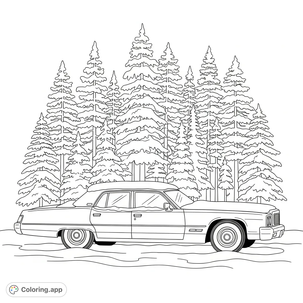 Color a classic cruiser nestled among snow-laden pines. Minimal snow lines enhance the serene winter landscape, perfect for detailed coloring.