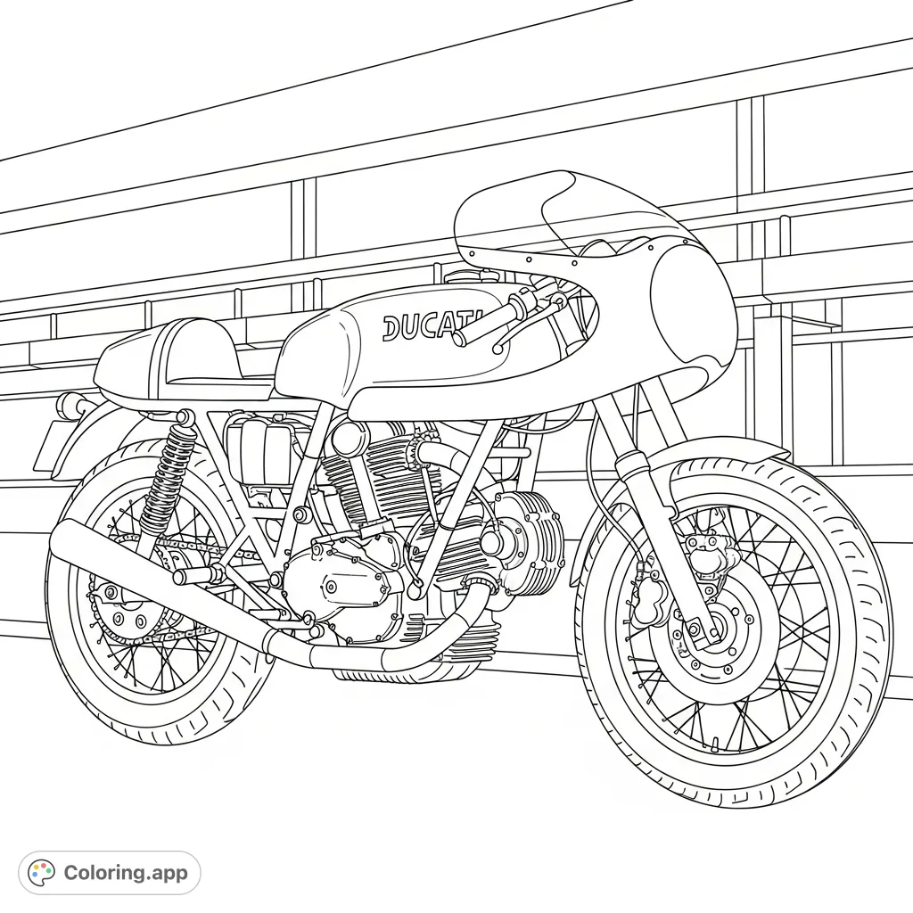 Color a detailed vintage Ducati race bike with an elongated tank, low clip-ons, and prominent technical features set against a classic pit lane background.
