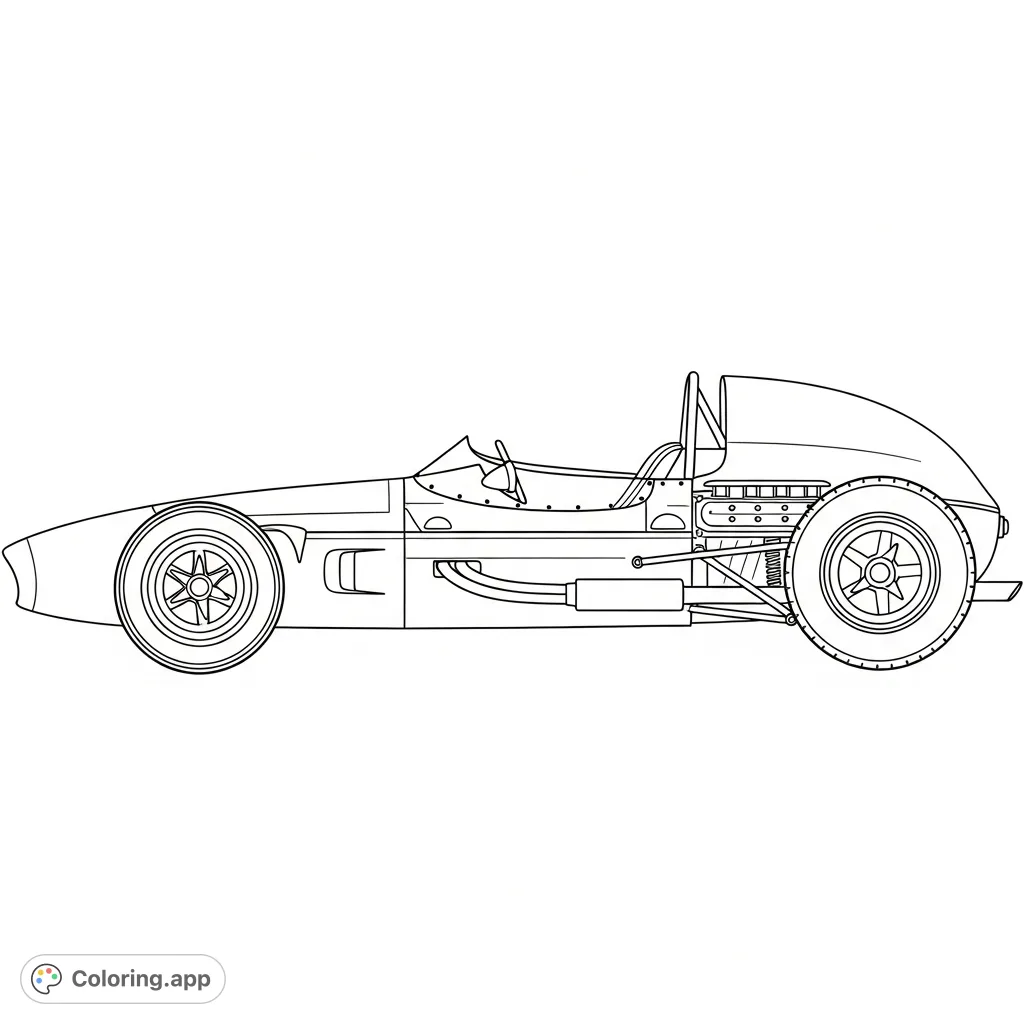 A detailed vintage F1-style racing car, seen from the side, featuring a classic round nose, open cockpit, and exposed wheels for an authentic retro feel.