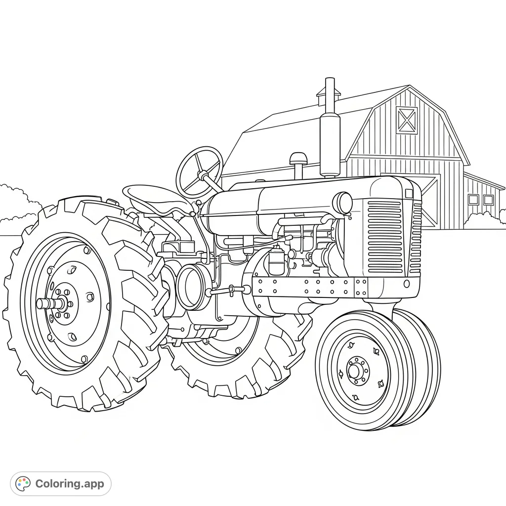 A classic farm tractor with large rear wheels and narrow front tires is presented in clean line art, set against a minimal barn silhouette. Perfect for vehicle enthusiasts.