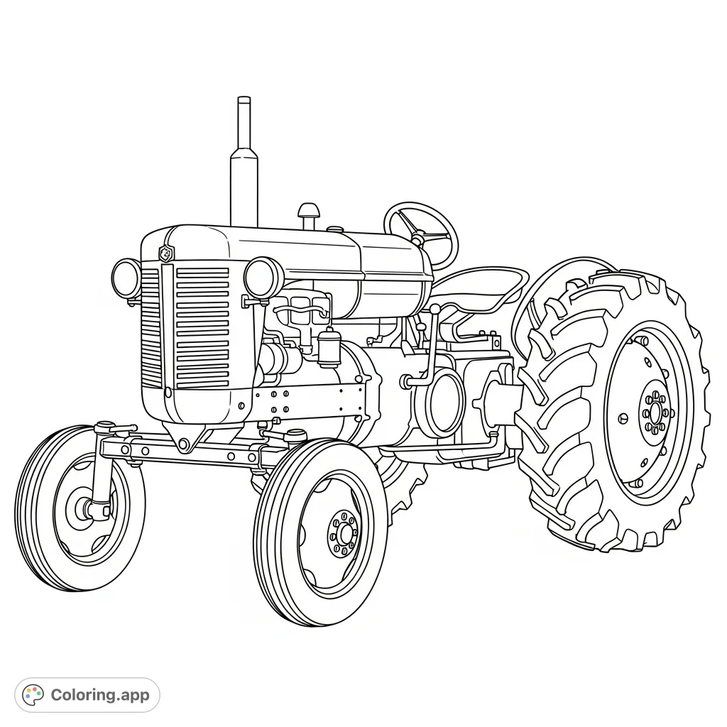Detailed 1940s-style farm tractor in a classic side profile, showcasing its distinct features and vintage charm, ready for your creative coloring touch.
