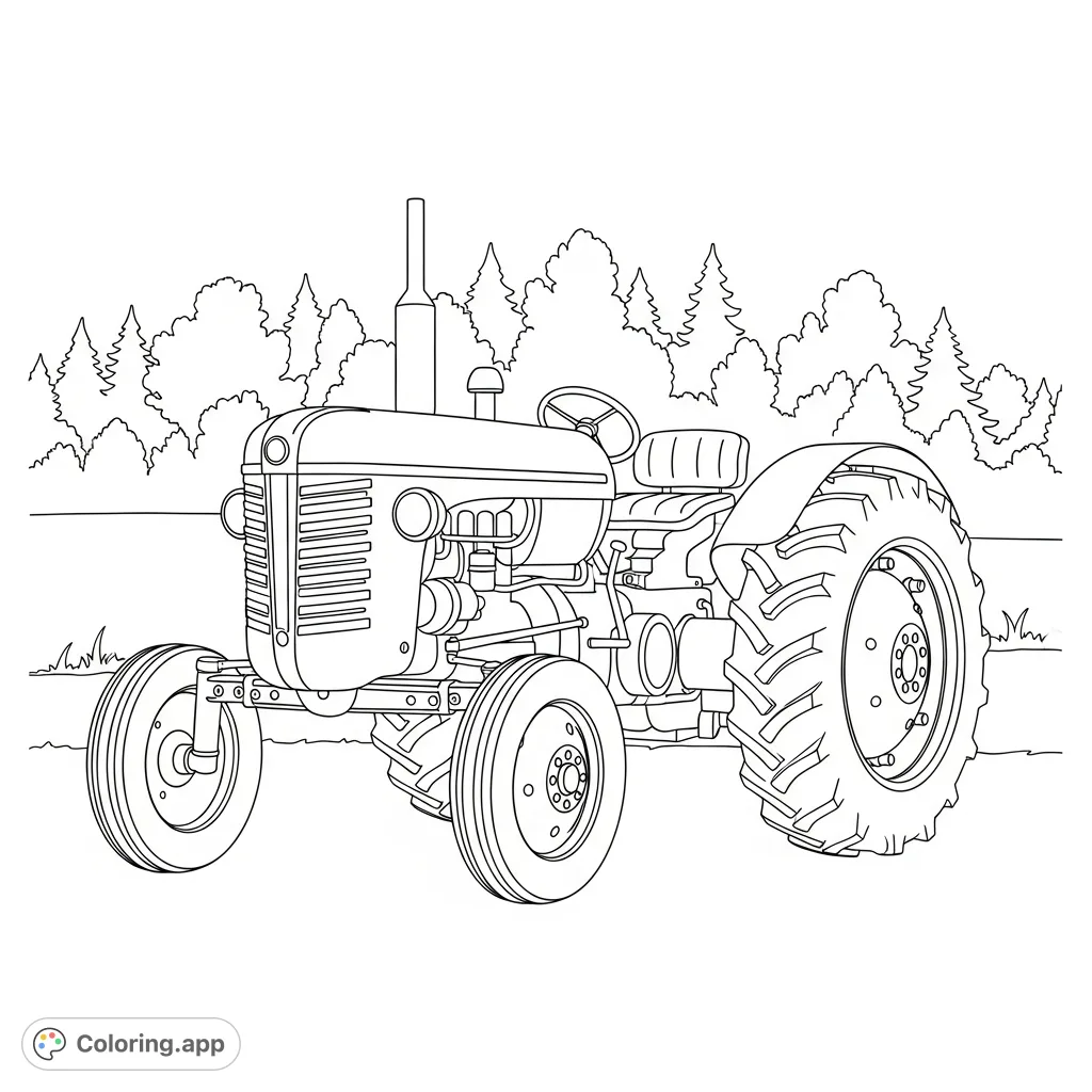 Color a classic two-tone era tractor with rounded grill bars, set against a simplified forest. Perfect for vintage farm machinery enthusiasts!