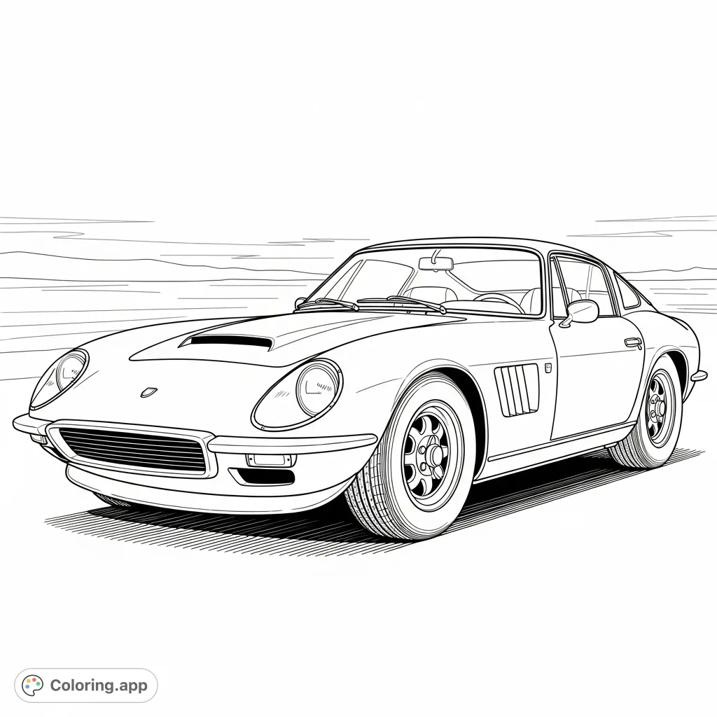 Color a detailed vintage sports car with a rounded hood and sleek design, set against a minimal landscape. Perfect for car enthusiasts!