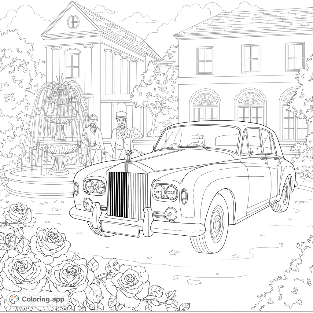 An elegant vintage car parked before a grand mansion with a fountain, two gentlemen, and blooming roses. A sophisticated coloring scene.