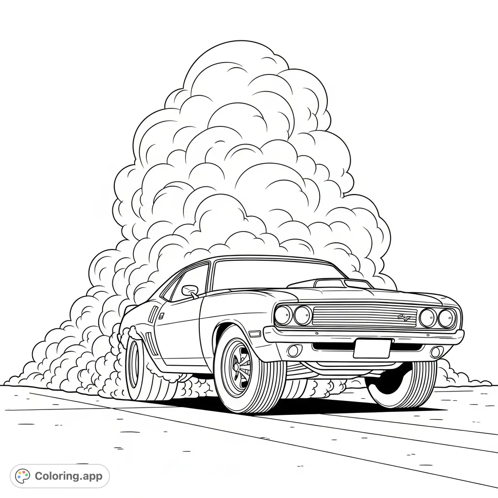 Unleash your creativity on a thrilling vintage muscle car coloring page featuring a powerful burnout with dynamic smoke clouds on an asphalt road.