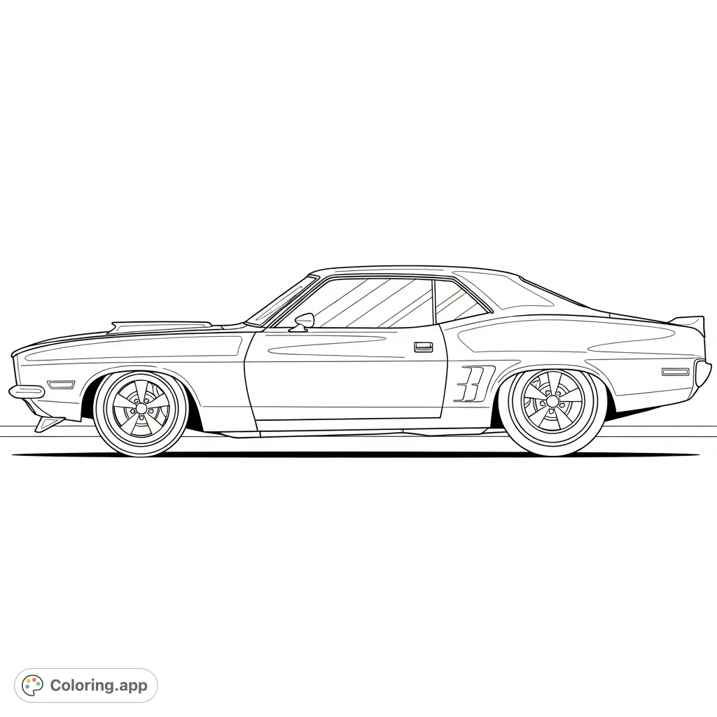 Color a powerful vintage muscle car from a side profile, showcasing its aggressive lowered stance, wide rear tires, and sleek body with simplified reflections.