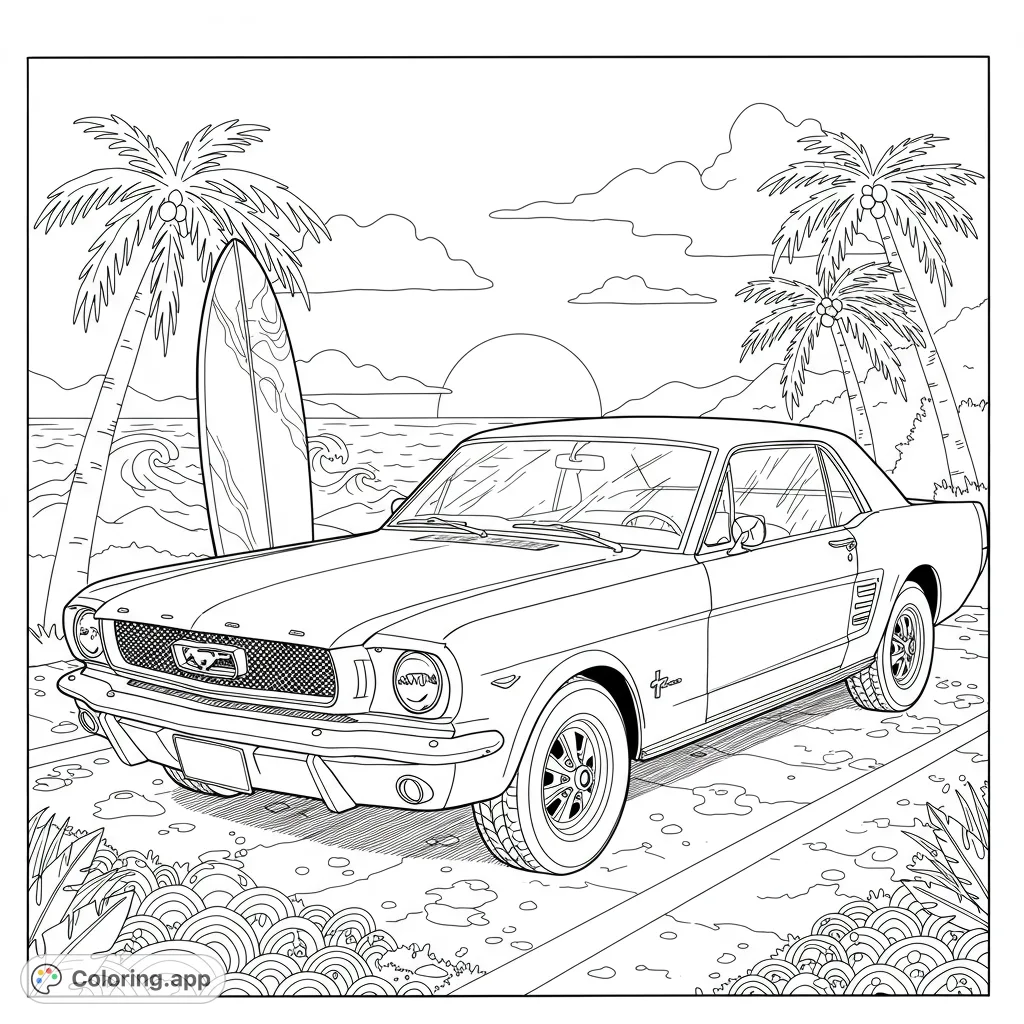 A vintage Ford Mustang parked on a sunny beach with palm trees, a surfboard, and ocean waves. Perfect for car enthusiasts and beach lovers.