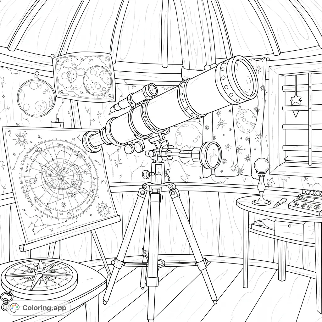 Explore a vintage observatory with a grand telescope, celestial maps, and starry details. A free printable astronomy coloring page for all ages.