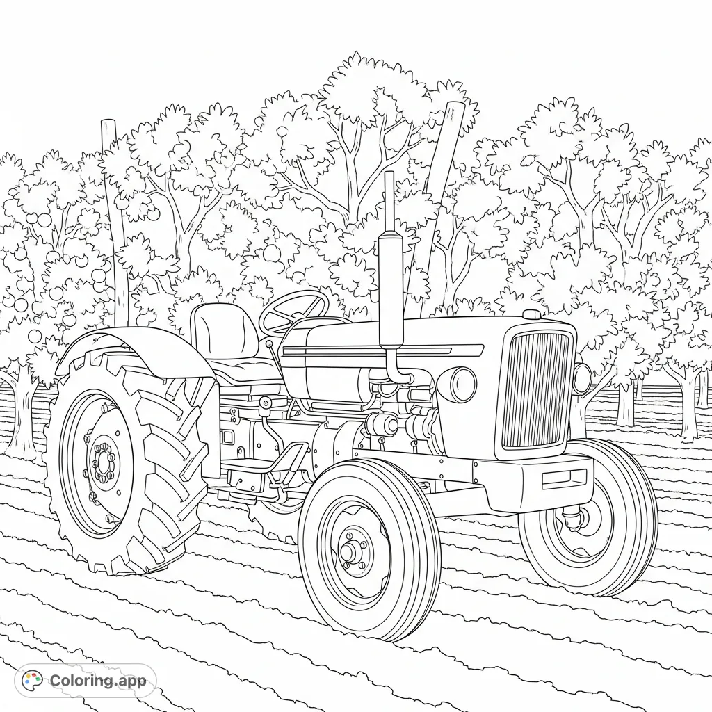 A detailed coloring page featuring a classic orchard tractor with low-profile fenders, driving through orderly rows of fruit trees in a rural setting.