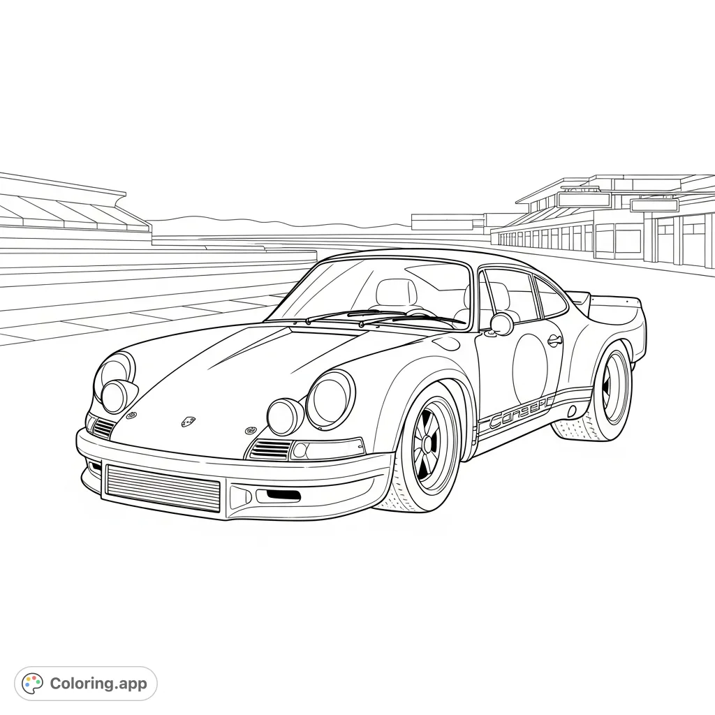 Detailed vintage Porsche race car, wide stance, low nose, parked in a pit lane with simplified track background. Perfect for car enthusiasts.