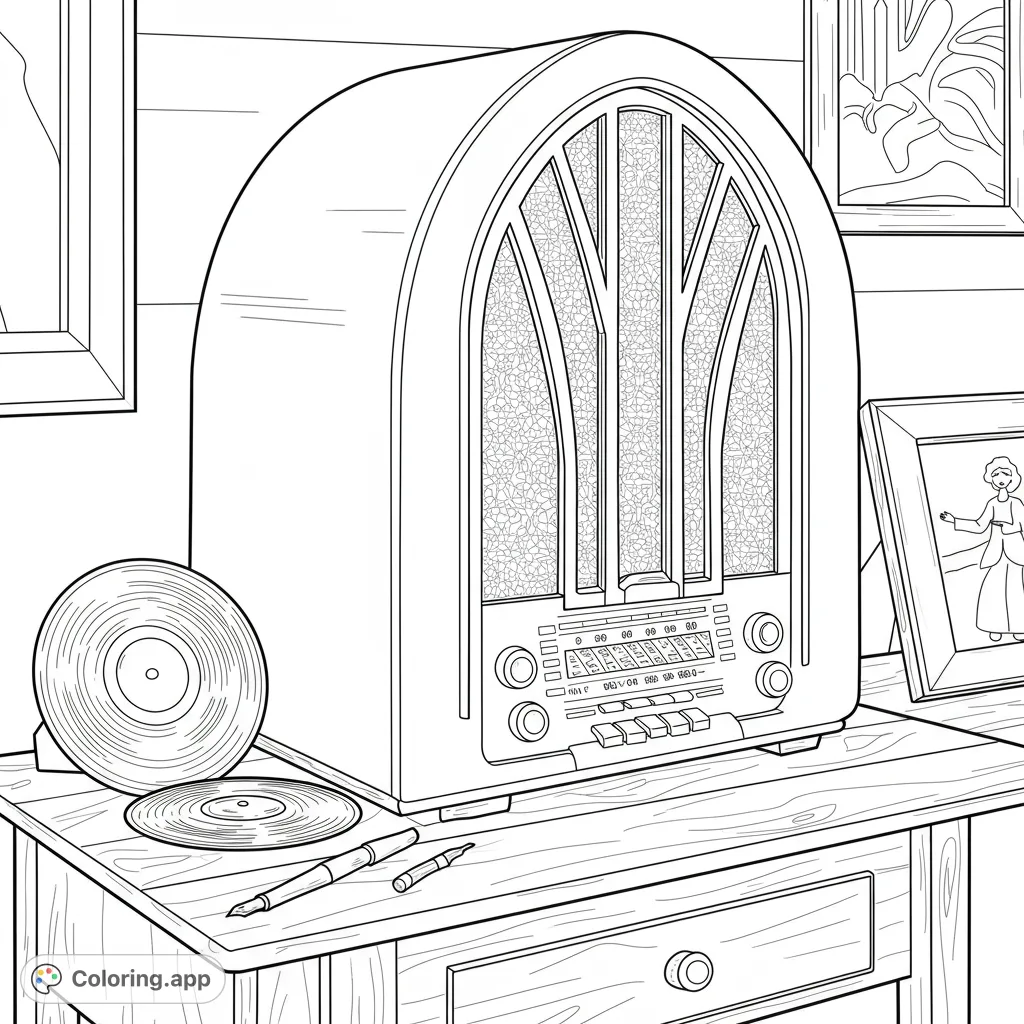 Step back in time with this vintage radio coloring page. Features an antique radio, vinyl records, and pens on a wooden table. Free printable coloring page for all ages.
