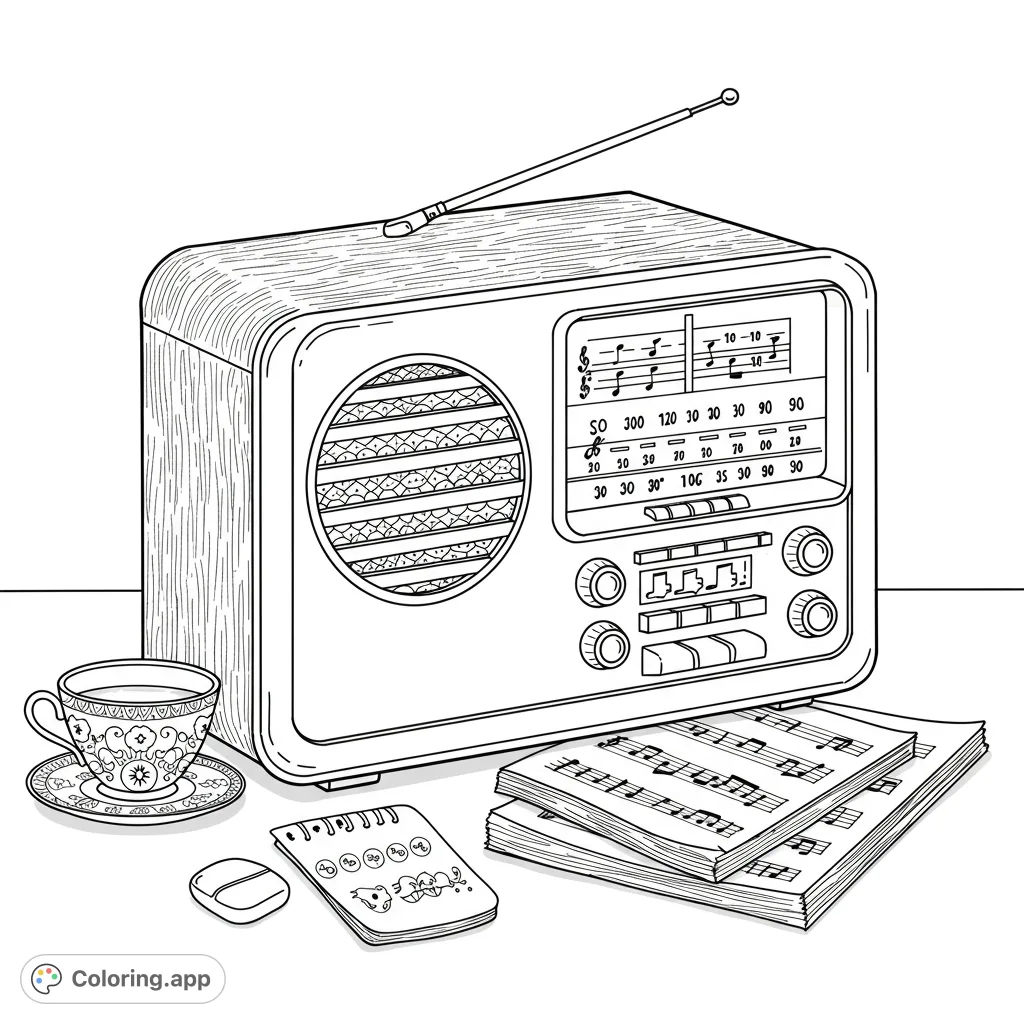 A charming vintage radio setup with a patterned teacup, sheet music, and a notepad. Perfect for a nostalgic coloring experience.