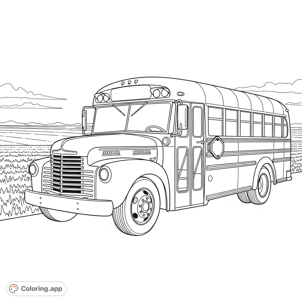 Color a charming vintage school bus with a rounded hood and large fenders, peacefully parked next to an expansive field under a vast sky.