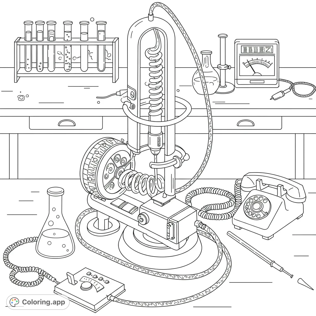 Explore a detailed retro science lab coloring page featuring intricate machinery, test tubes, and vintage equipment for a nostalgic coloring adventure.