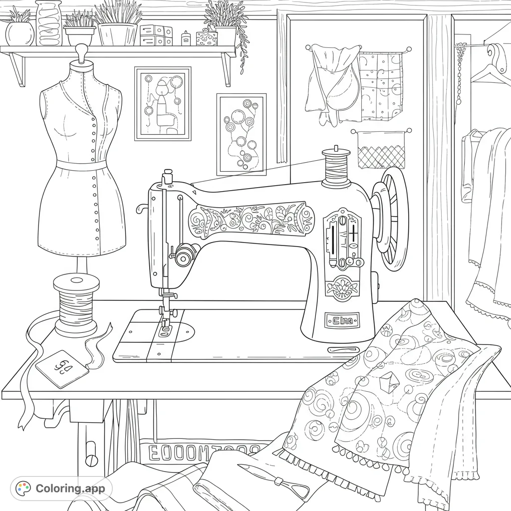 Step into a charming vintage sewing room, featuring a classic sewing machine, dressmaker's mannequin, and draped fabrics. A delightful crafting scene.