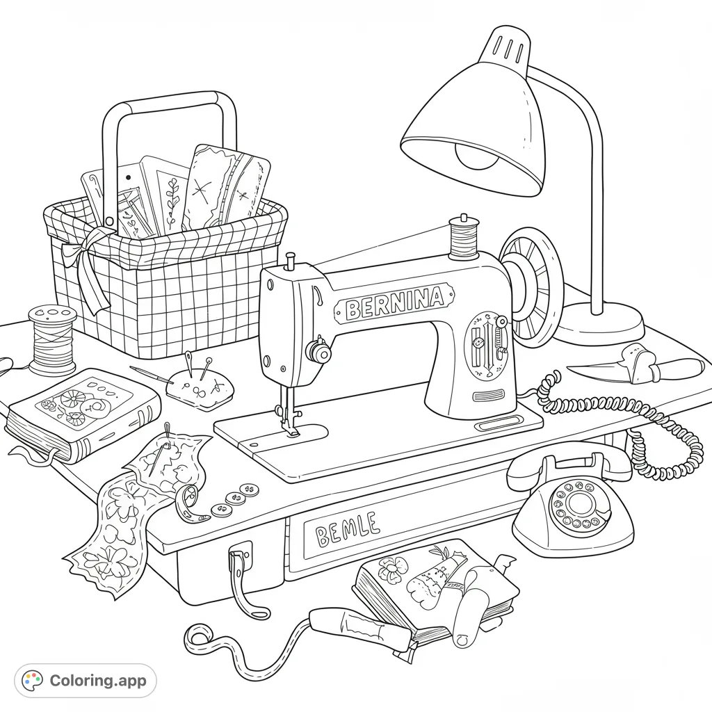 A charming vintage sewing room scene, perfect for crafters! Features a classic sewing machine, basket of fabrics, and various tools.