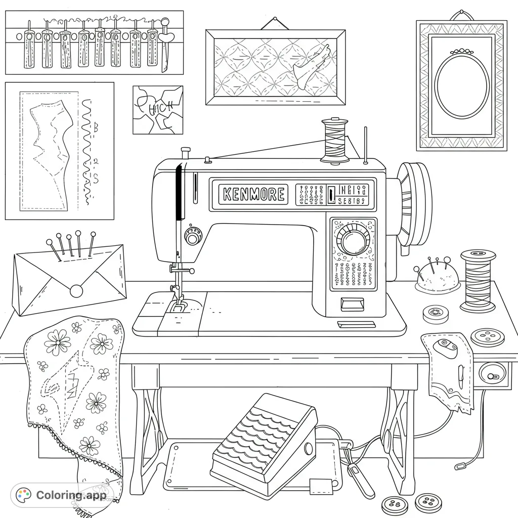 Detailed sewing room scene with a vintage machine, fabric, and tools. A free printable craft-themed coloring page for all ages.