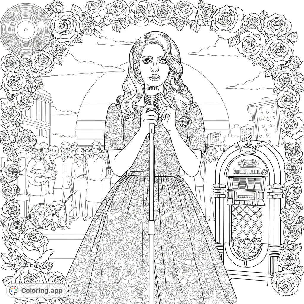A captivating vintage music coloring page featuring a singer in a rose-patterned dress, framed by lush roses, with a crowd and jukebox.