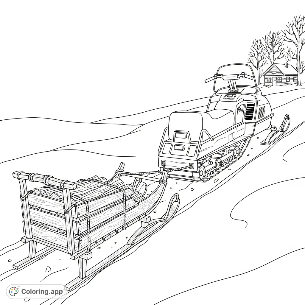 Color a charming vintage snowmobile pulling a rustic wooden sled through a snowy landscape. A cozy cabin silhouette awaits in the distance, evoking nostalgic winter adventures.