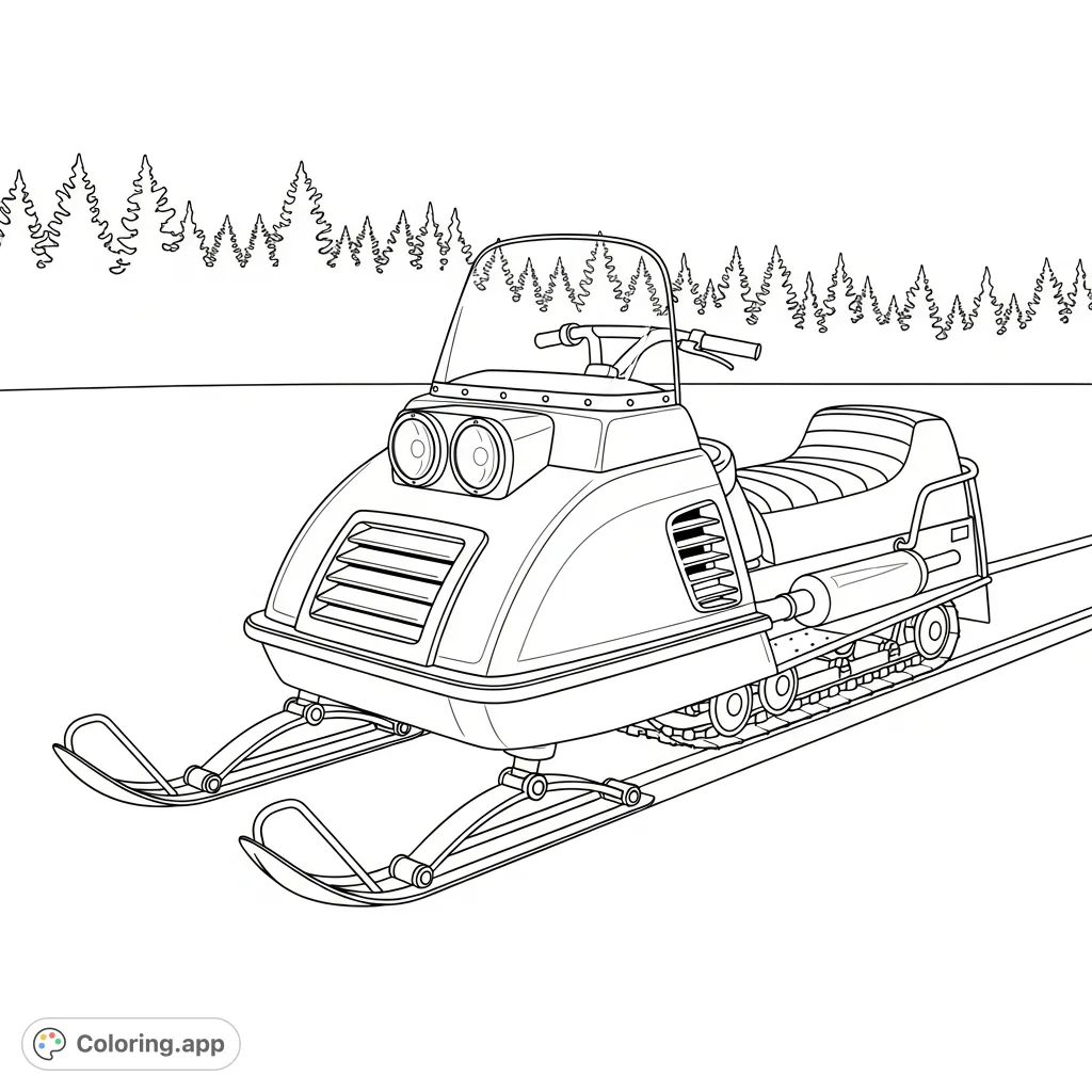 A classic boxy snowmobile with round headlights sits on a snowy expanse, backed by silhouetted forest trees, evoking winter nostalgia.