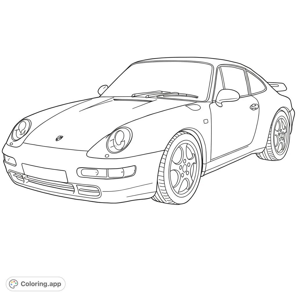 Detailed classic sports car line art, perfect for car enthusiasts to color and customize. A free printable coloring page for all ages.