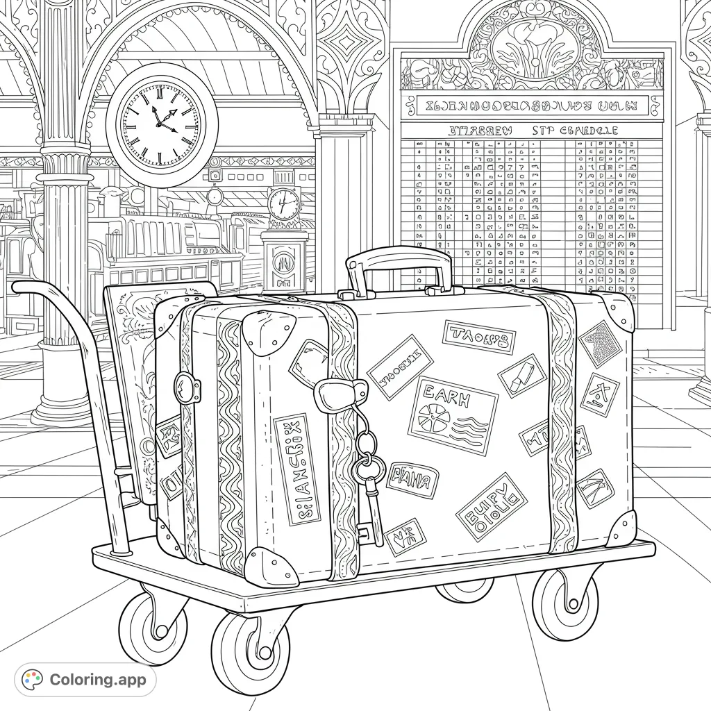 Explore a detailed vintage train station scene with a luggage cart full of travel-stickered suitcases. A free printable coloring page for all ages.