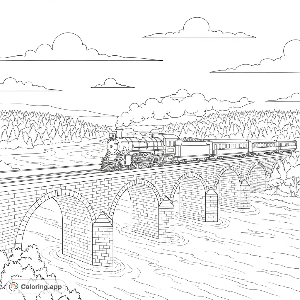 A majestic vintage steam engine traverses a grand stone arch bridge over a wide, meandering river, with serene forests and a clear sky. A detailed journey through time awaits!
