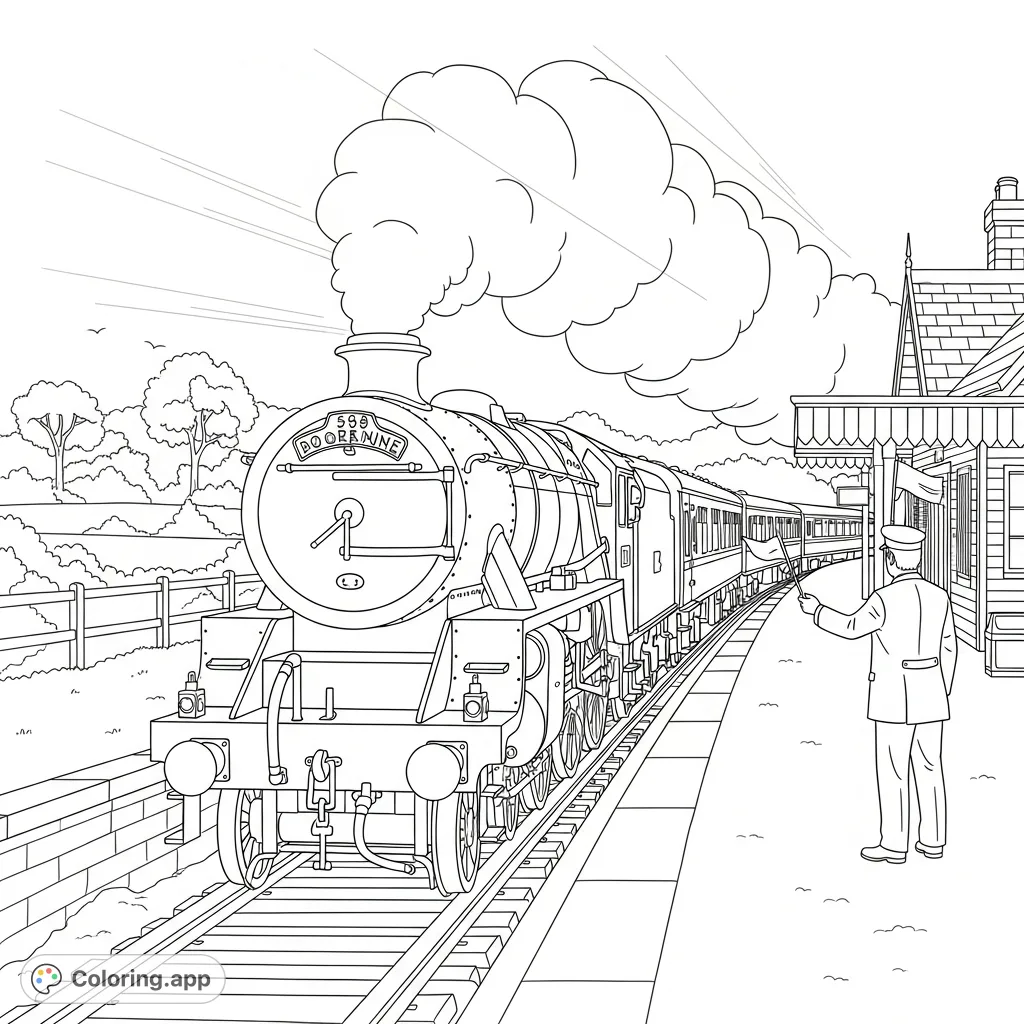 Experience the nostalgic charm of a vintage steam engine departing a quaint rural station. A detailed scene perfect for history and train enthusiasts.