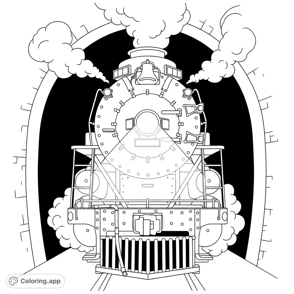 Witness a powerful vintage steam engine head-on, emerging from a tunnel with steam billowing. A detailed and dramatic scene for train enthusiasts.