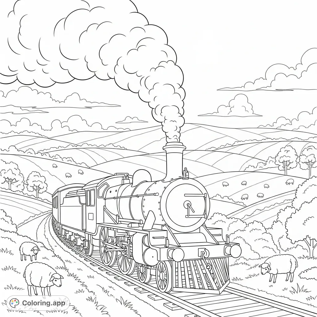 Chug through a nostalgic countryside scene with a detailed vintage steam engine, rolling hills, and grazing sheep. Perfect for train enthusiasts!