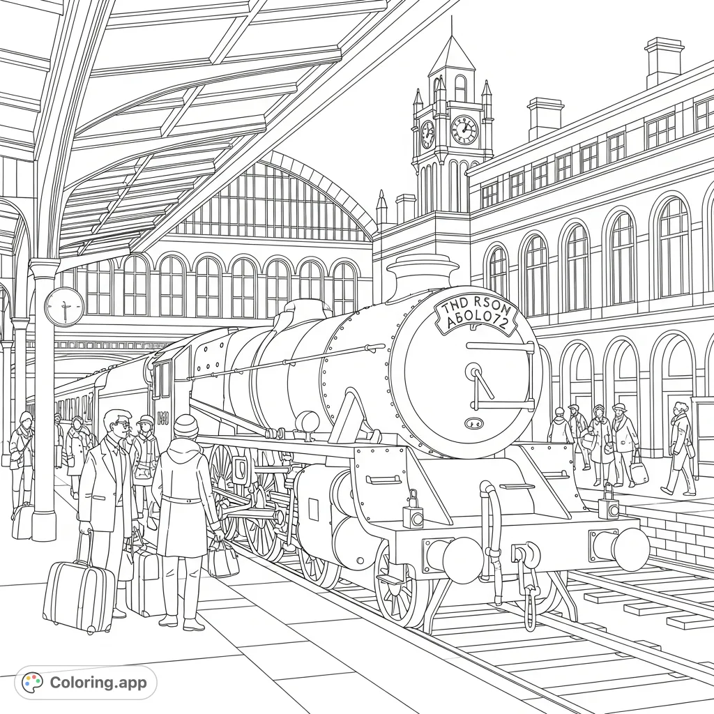 Step back in time with this vintage steam engine coloring page, featuring a detailed locomotive, bustling platform, and grand station architecture.