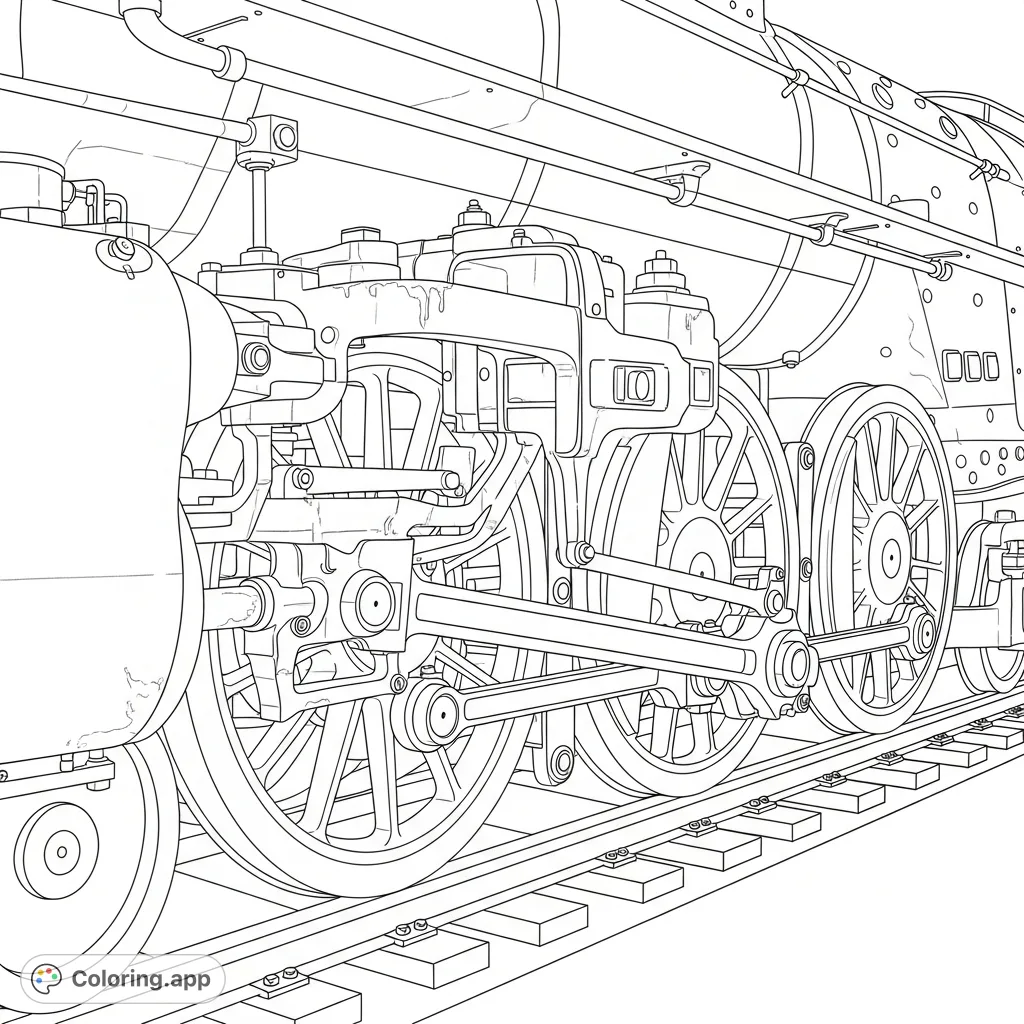 Color a detailed vintage steam engine coloring page, featuring massive driving wheels, intricate connecting rods, polished metal textures, and a textured rail.