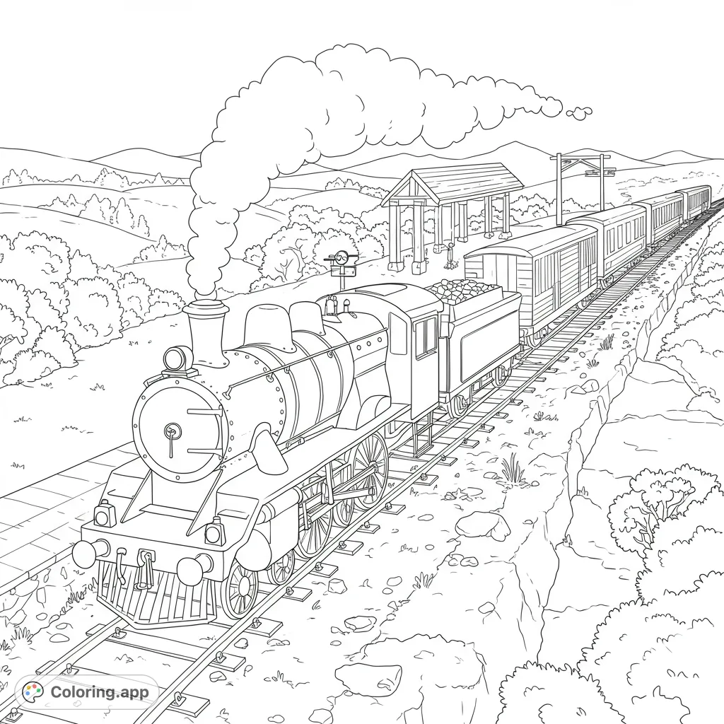 Embark on a nostalgic journey with this detailed vintage steam train coloring page, featuring a classic locomotive and scenic railway landscape.