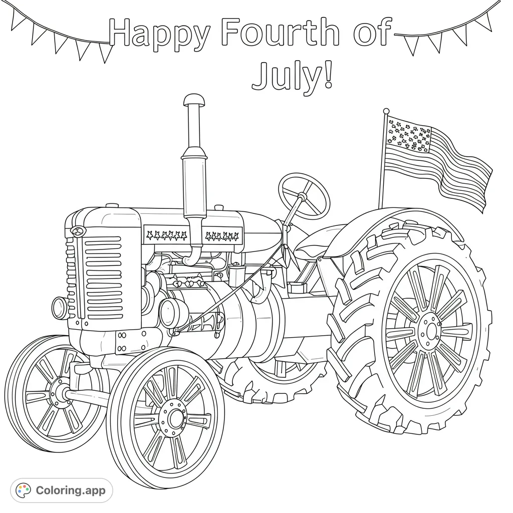 A vintage farm tractor with an American flag, perfect for a patriotic coloring page. Features detailed machinery and a waving flag for a classic feel.