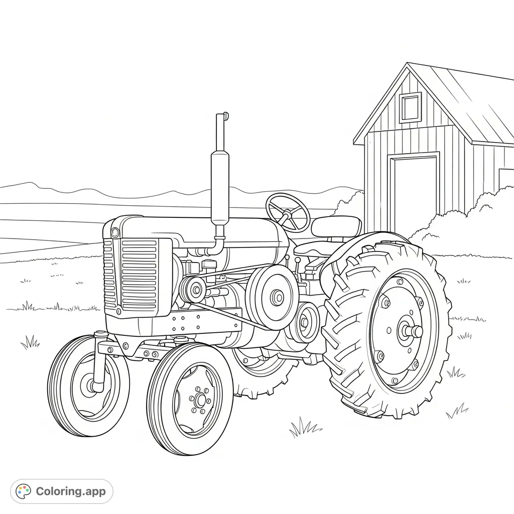 Color a detailed vintage tractor powering a belt-driven farm machine in a rustic field, with a shed silhouette in the background. A nostalgic rural scene awaits your touch.