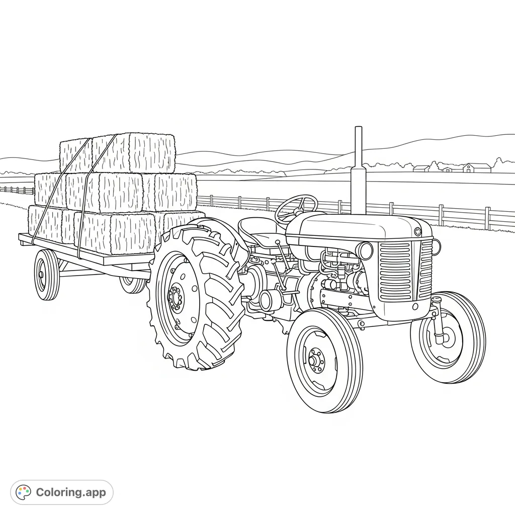 A charming vintage tractor pulls a flatbed trailer laden with hay bales across an open field, featuring classic farm machinery and a rustic setting.