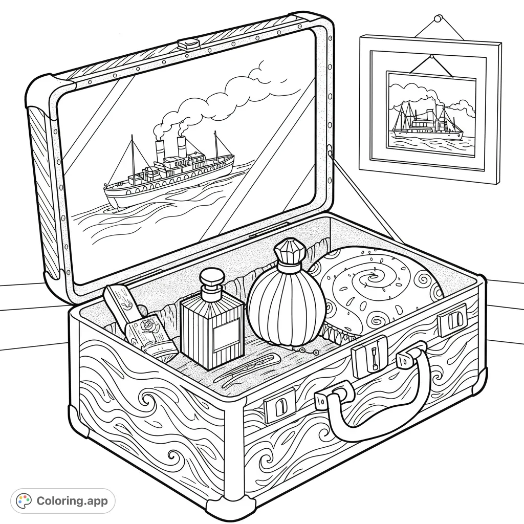 An open vintage suitcase reveals travel essentials and a steamship reflection, inviting a journey of color. Perfect for travel and vintage enthusiasts.