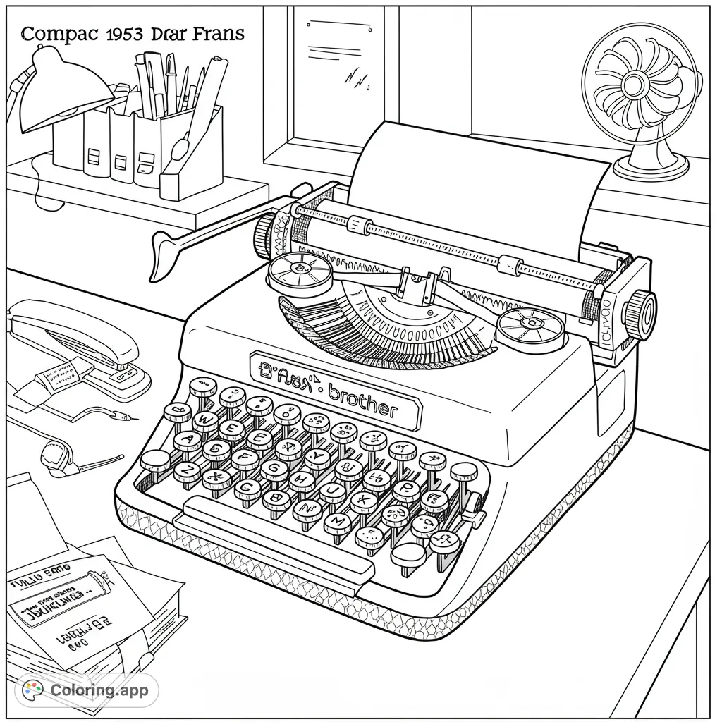 Detailed vintage typewriter on a busy desk with office supplies and a fan, perfect for a nostalgic coloring experience.
