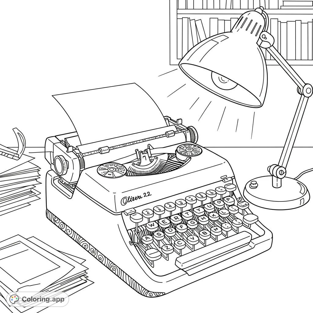 Detailed vintage typewriter scene with desk lamp, paper stacks, and bookshelf. A nostalgic free printable coloring page for all ages.