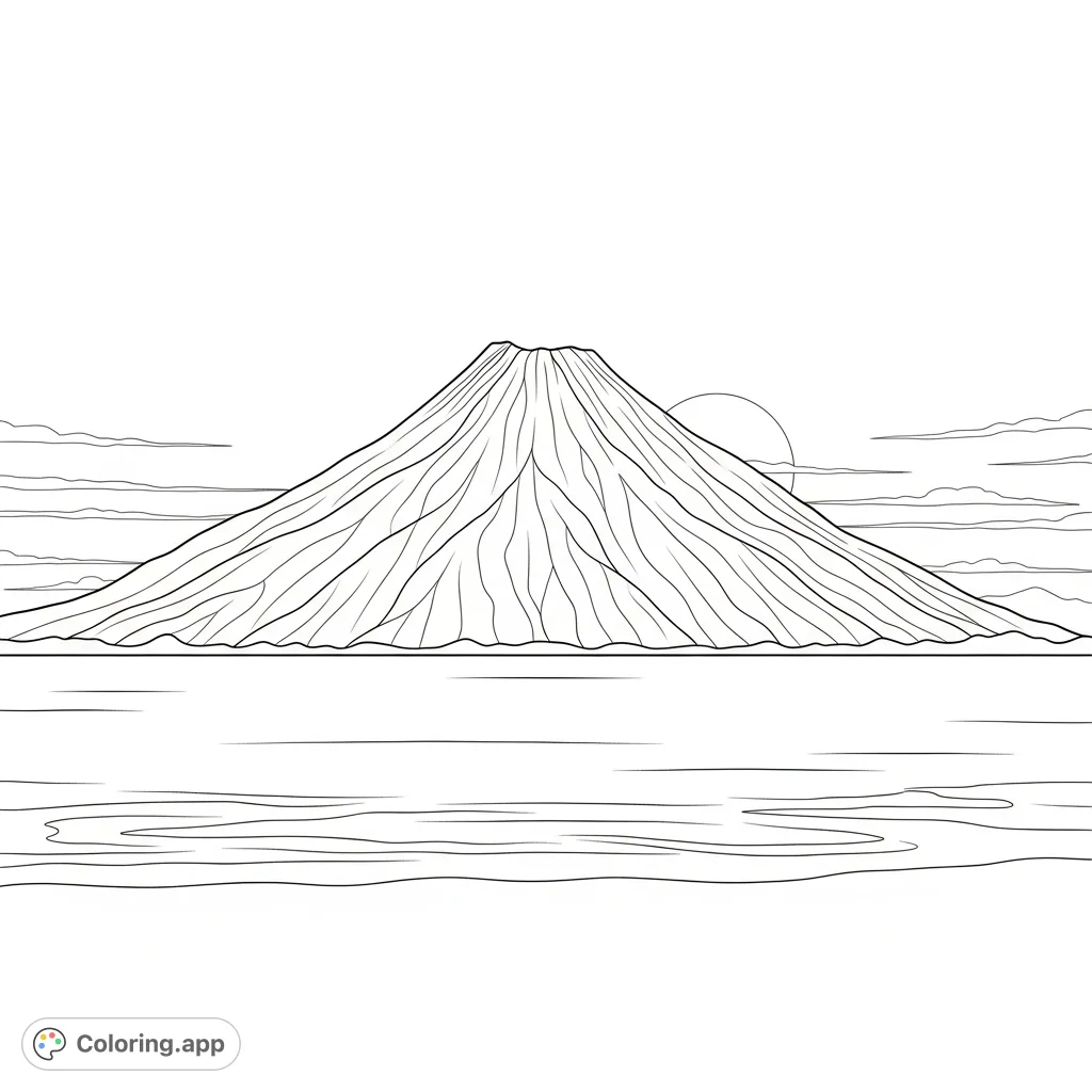 A dramatic coloring page featuring a volcanic island's silhouette rising from the tranquil sea, with a simple beach foreground and a vast sky overhead, ready for your creative colors.