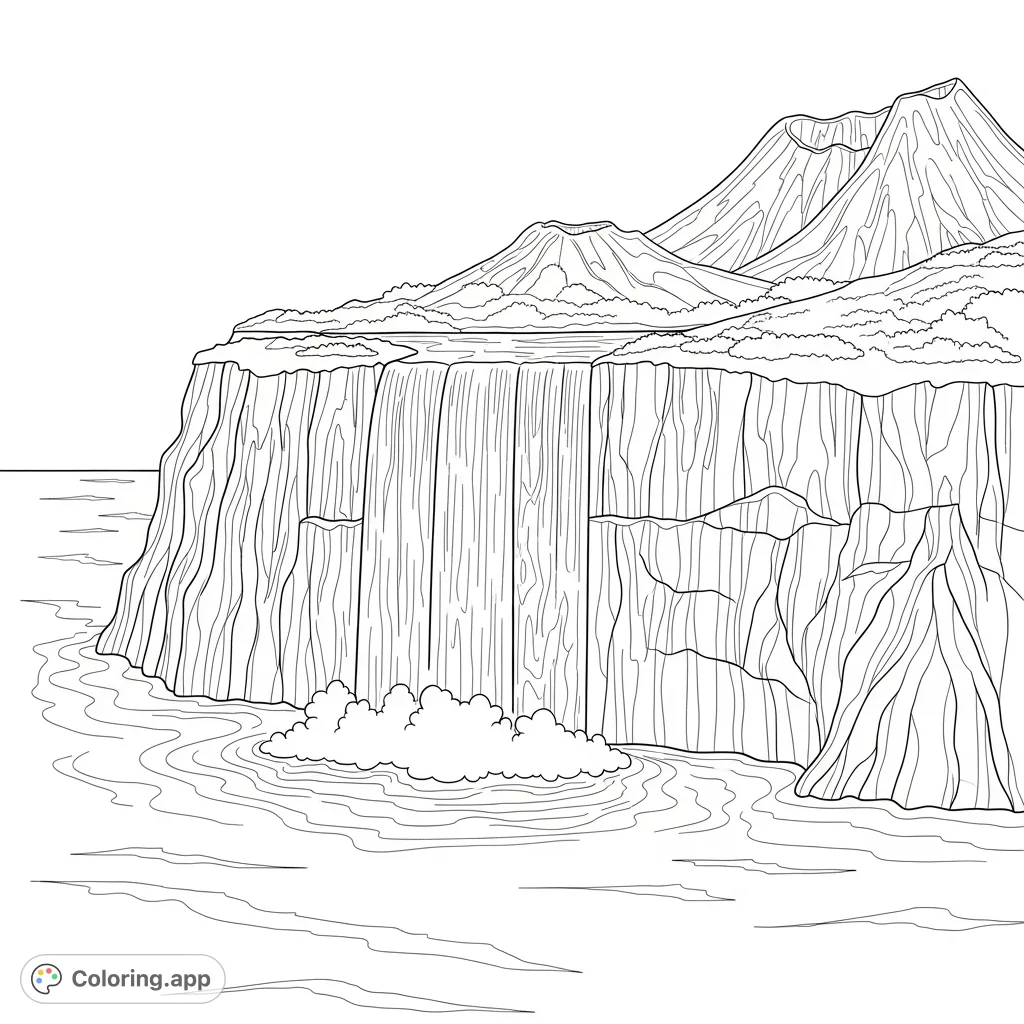 Discover a stunning volcanic island waterfall plummeting from a rugged cliff into simplified ocean waves. A dramatic natural landscape awaits your creative touch.