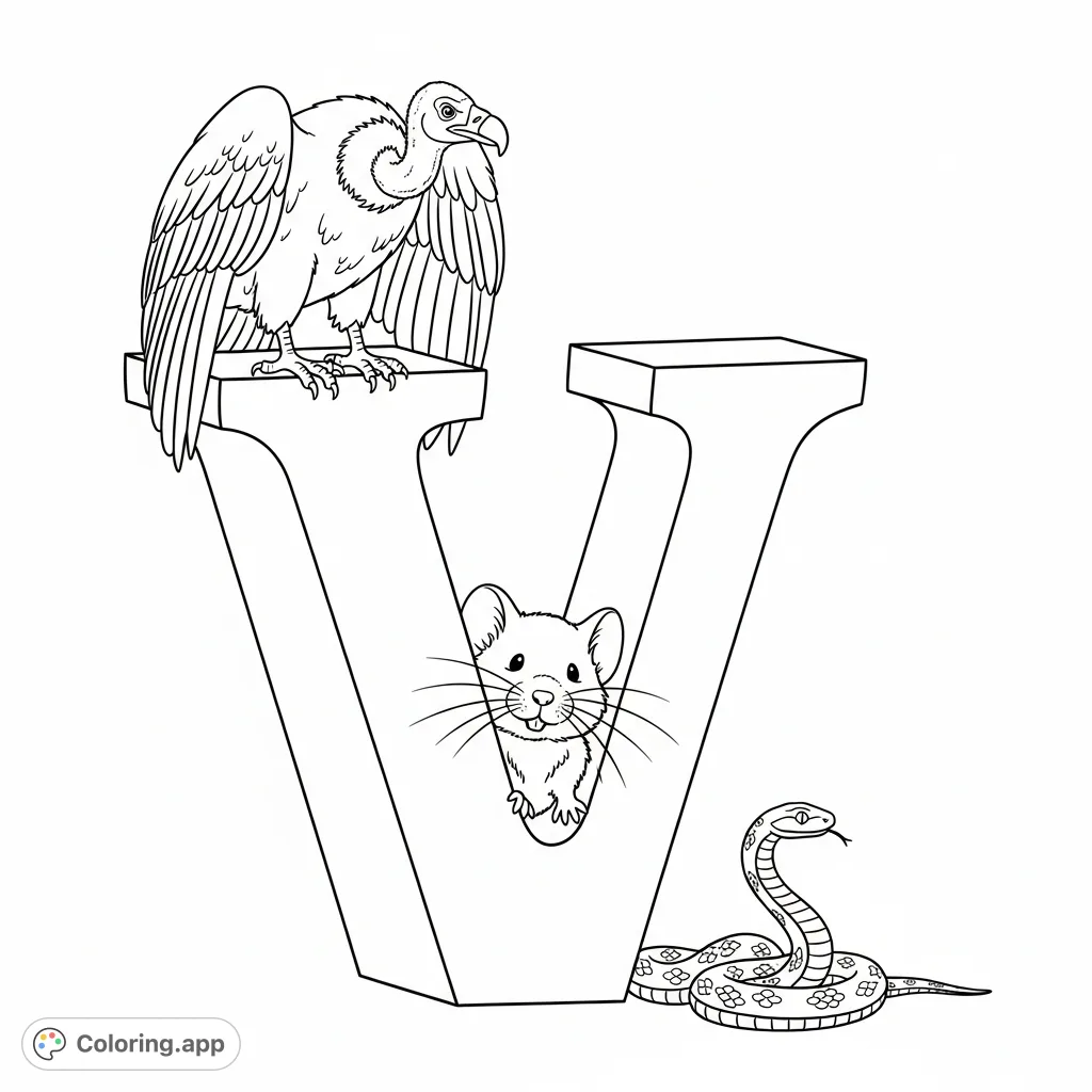Explore the letter V with a vigilant vulture, a fluffy vole, and a graceful viper surrounding a bold, three-dimensional V. A fun and educational coloring page.