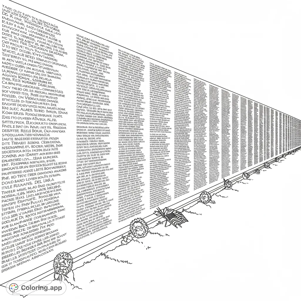 A solemn memorial wall with countless names, wreaths, and an American flag, inviting reflective coloring and a tribute to remembrance.
