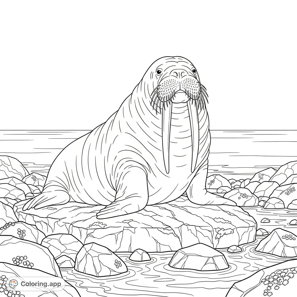A majestic walrus rests on a rugged rocky shoreline, its prominent tusks a striking feature. Gentle waves lap at the base of the rocks, creating a serene coastal scene.