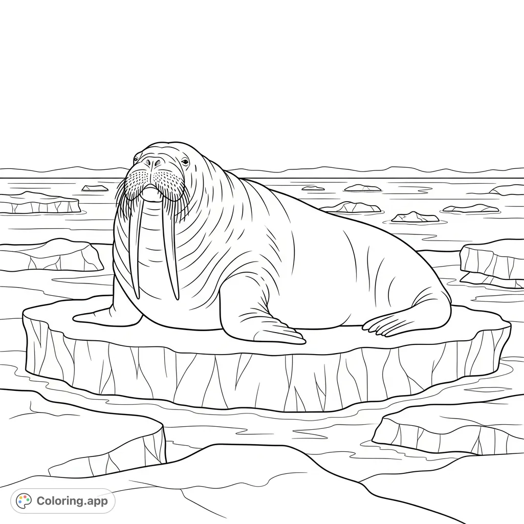 A tranquil arctic scene featuring a majestic walrus resting on a textured chunk of sea ice, showcasing its prominent tusks and detailed whiskers.